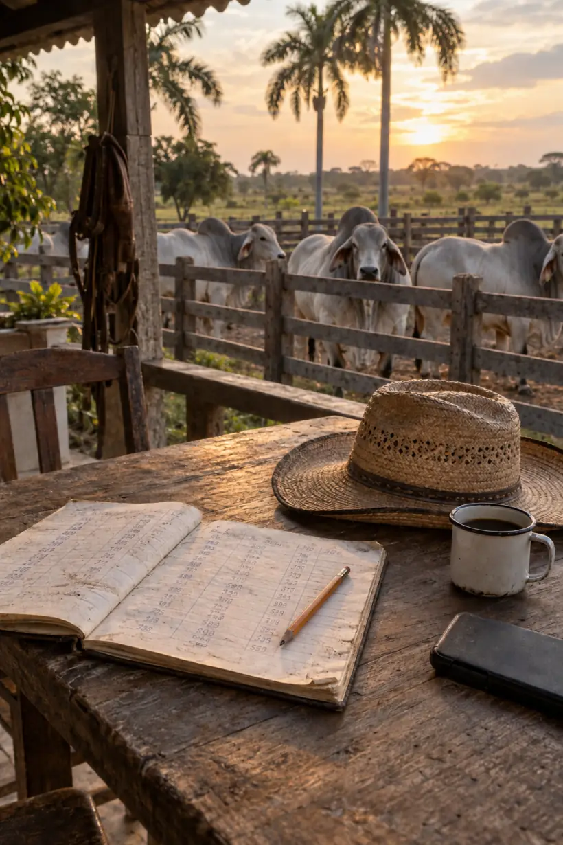 Mesa en el corredor de una finca: la libreta de pesajes abierta, un sombrero de paja, un tinto y el celular. Al fondo, ganado Brahman en el corral al atardecer.